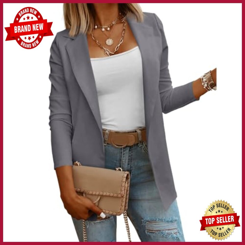 Long Sleeve Knit Blazer Open Front Stretchy Work Office Casual Jacket - Picture 2 of 7